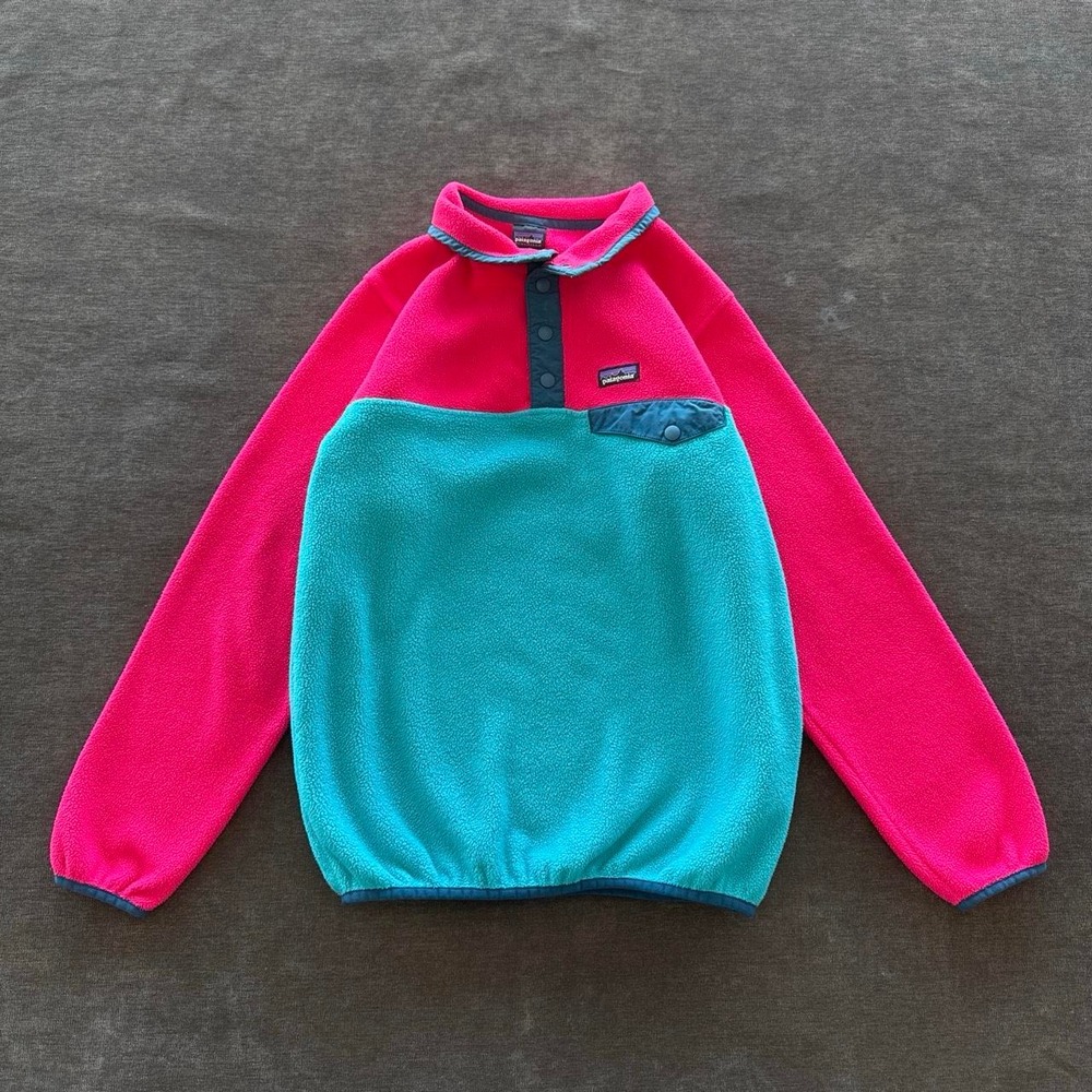 Patagonia Synchilla Snap T Fleece Jacket Womens Small Pink Teal Colorblock 00s